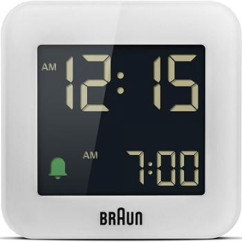 Braun Digital Travel Alarm Clock with Snooze, Compact Size, Negative LCD Display, Quick Set, Crescendo Beep Alarm in White