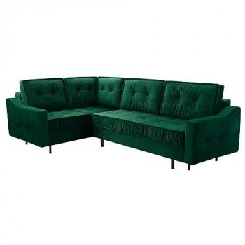 Sofá rinconero Kingsport 115, verde, con función de descanso y caja de ropa de cama, 289x185x105cm