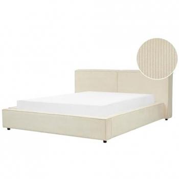 Cama King Size Clásica Tapizada de Pana Beige 160 x 200 cm con Base de Lamas y Cabecera Acolchada