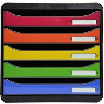 Exacompta 3097298D - Módulo individual con 5 cajones para documentos A4+, ultra-rígido, cajones abiertos, con stop de seguridad - 347x278x271 mm - BIG-BOX PLUS - Negro/multicolor