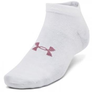 Under Armour Calcetines Cortos Essential 3 Pares - Unisex, invisibles, color blanco puro con detalles en rosa viejo, ideales para correr