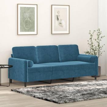 Sofá de 3 plazas en terciopelo azul con cojines, dimensiones 180 cm