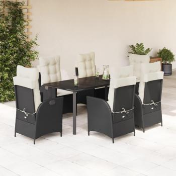 7-Piece Black Poly Rattan Garden Dining Set with Cushions