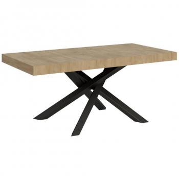 Mesa extensible 90x180/440 cm efecto madera roble natural con estructura de hierro, color roble natural