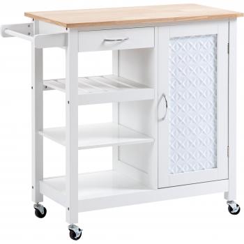HOMCOM Carro de Cocina con Ruedas y Cajón, Armario, Balda Ajustable y 3 Estantes Abiertos para Comedor en Blanco