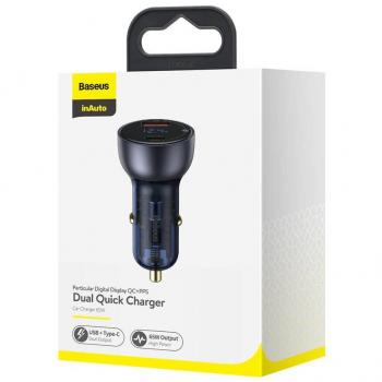 Baseus 65W Dual USB-A and USB-C Fast Car Charger with Digital Display, QC3.0, PD 3.0, PPS