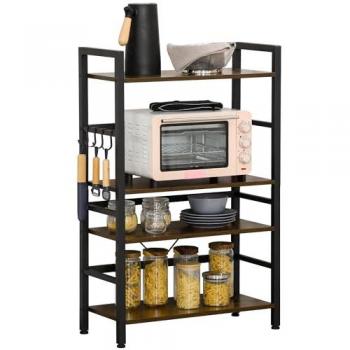 Estantería de Cocina HOMCOM de 4 Niveles con Ganchos y Sistema Antivuelco, Melamina de Madera y Acero Marrón Rústico 65x30x102 cm