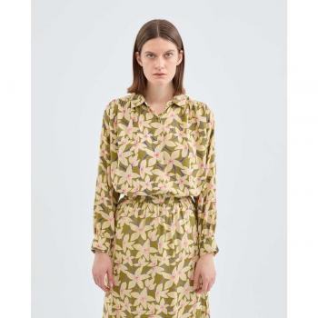 Camisa de mujer de manga larga con estampado floral verde