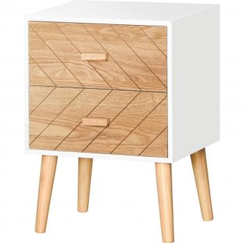 Mesita de Noche HOMCOM Madera con 2 Cajones Comoda Rústica Cajonera Mesilla Mueble para Dormitorio Armario Almacenamiento Blanco y Natural