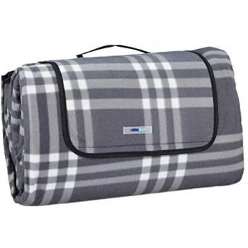 Manta Pícnic XXL Aislante e Impermeable 200x300 cm con Asa, Forro Polar Cuadros Gris/Blanco