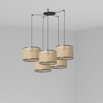Lámpara colgante Mambo Steel de 5 bombillas, altura ajustable hasta 500 cm, diseño cilíndrico negro con detalles en ratán, casquillo E27