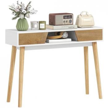 Mesa Consola Estrecha Homcom de Melamina Blanca con 2 Cajones y Patas de Madera 100x30x75 cm
