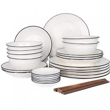 CSYY Vajilla de cerámica, 30 piezas, vajilla para 6 personas,vajilla redonda de primera calidad con cuencos, platos de cena, cuencos para salsa y palillos, blanco