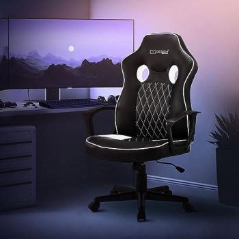 Silla Gaming Ergonómica con Función Balancín y Asiento Ancho Imitación Cuero Blanca/Negra