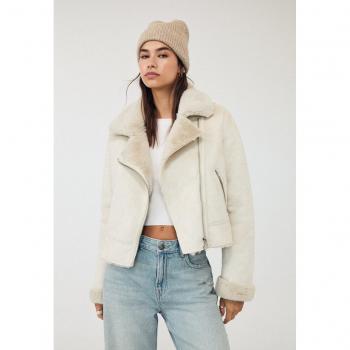 Ecru Soft Faux Fur Cropped Biker Jacket