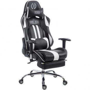Silla de oficina gaming con reposapiés extensible y mecanismo basculante en PVC negro/blanco 10_0002747