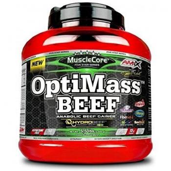 AMIX - Complemento Alimenticio en Polvo - Optimass Beed Gainer en 2500 gr - Doble Chocolate Blanco - Carbohidratos de Rápida Absorción - Proteínas de Carne de Vacuno - Proporciona Energía de Ternera