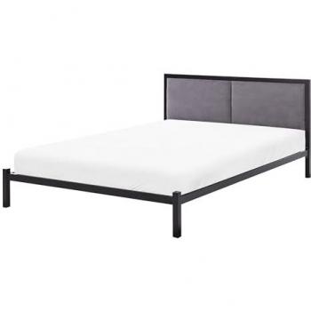 Cama de metal negro y cabecero de tela gris 140 x 200 cm con somier minimalista Clamart