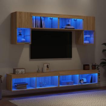 Mueble de TV de pared con LED 6 piezas en madera de ingeniería color roble Sonoma marrón