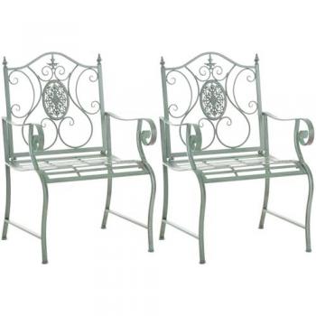Set de 2 sillas de jardín Punjab de hierro verde antiguo con reposabrazos, estilo rústico y resistente a la intemperie