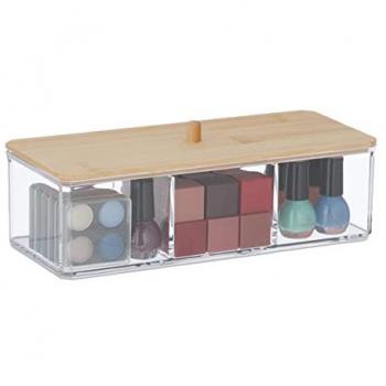 Caja Organizadora de Cosméticos con Tapa de Bambú, 3 Compartimentos, Plástico, Almacenamiento Versátil, 23.5 x 10 x 8 cm, Transparente/Natural