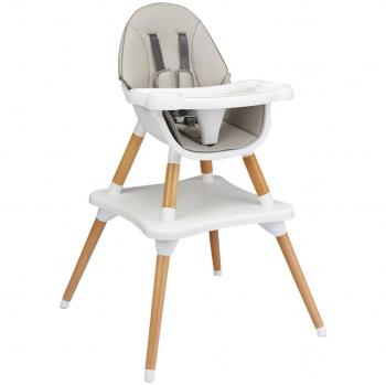 Trona 4 en 1 Convertible de Madera con Arnés de 5 Puntos, Bandeja Desmontable y Regulable en 4 Posiciones, Cojín en PU Gris