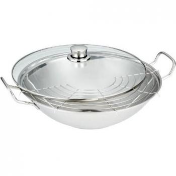 Wok de Acero Inoxidable Siemens HZ390090 con Tapa de Vidrio, 36 cm para Inducción y Cocción por Radiación