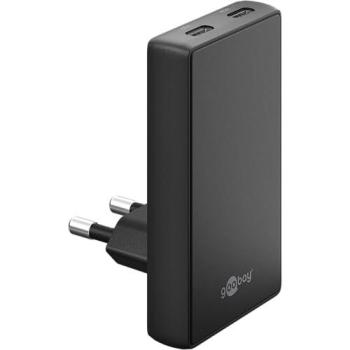 Cargador Rápido Doble USB-C PD GaN 45W 90° Plano Negro