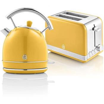 Set Desayuno Retro Swan Amarillo: Hervidor de Agua Inalámbrico 1,8L y Tostadora 2 Rebanadas Anchas con Regulador de 6 Niveles de Tostado