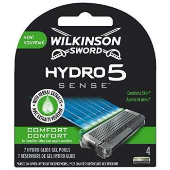 Wilkinson Sword Hydro 5 Sense COMFORT - Recambio de Cuchillas de Afeitar de 5 Hojas Ultradeslizantes para Hombres , Banda Lubricante Calmante con Extractos de Hierbas, 4 Unidades