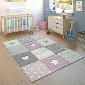 Alfombra Infantil Motivos Corazón Lunares 3D Púrpura Gris Ø 160 cm Redonda
