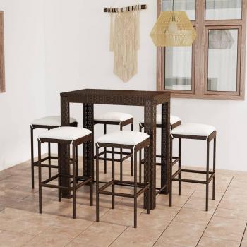7-Piece Brown Synthetic Rattan Garden Bar Set with Cushions