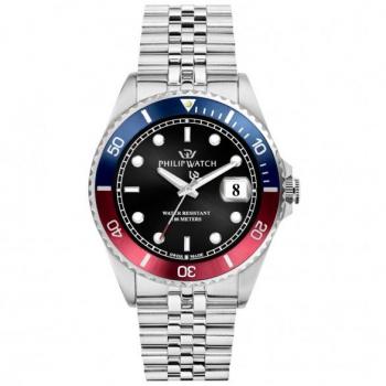 Reloj para hombre Philip Watch Caribe R8253597088, acero inoxidable, esfera negra, cronógrafo, resistencia al agua 100 metros, correa de piel