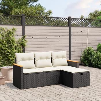 4-Piece Black Poly Rattan Garden Sofa Set with Cushions