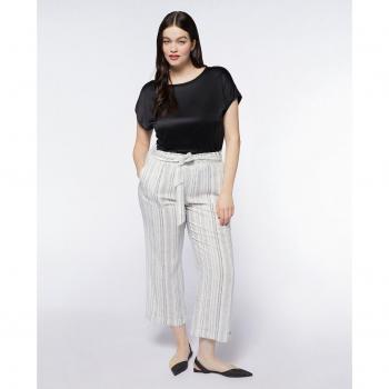 Pantalón ancho de mujer cropped de rayas con fajín en cintura