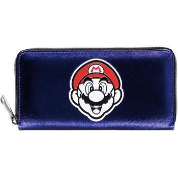 Cartera Nintendo Super Mario con Logo Grabado y Diseño de Cara, Cremallera Completa, Color Azul