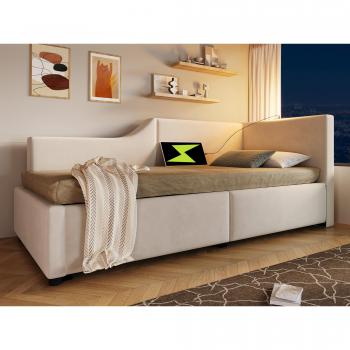 Cama contenedor 90x190cm de terciopelo beige con luz de lectura y puertos USB-C, incluye somier