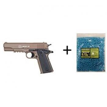 Pack Lote cybergun colt 1911 TAN 180126 corredera metalica muelle MAS una bolsa de 1000 bolas PVC golden Ball. 6mm. 0,12 gr