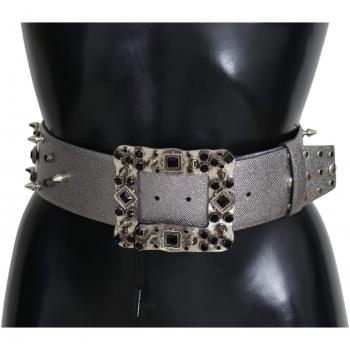 Dolce & Gabbana Silver Leather Crystal Stud Logo Buckle Belt - 70 cm / 28 Inches