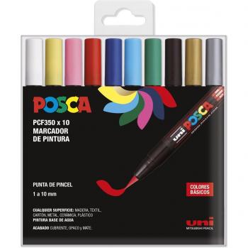 Estuche de 10 Marcadores de Pintura a Base de Agua Uni Posca PCF-350, Punta de Pincel, Colores Surtidos, No Permanente, Resistente a la Luz, Inodoro - Ideal para Carteler