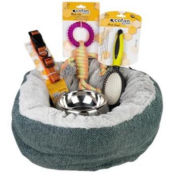 Cofan Set Completo de Productos para Mascotas - Kit de 5 Accesorios: Cama, Comedero, Bebedero, Peine, Juguete y Collar