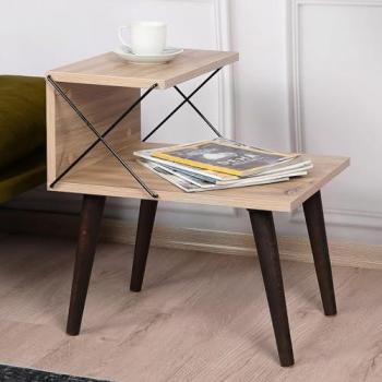 Mesa auxiliar Bergen con estante de aglomerado haya 50x40x55cm - Efecto madera y patas de madera