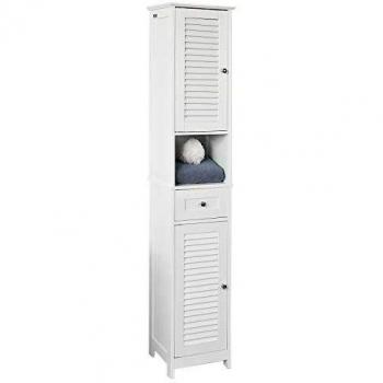 Armario alto para baño SoBuy FRG236-W, mueble columna de baño con 2 puertas y 1 cajón, material MDF blanco
