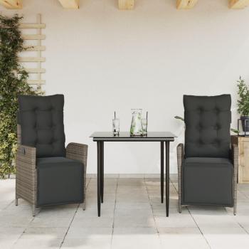 Set comedor de jardín 3 piezas con cojines ratán sintético gris