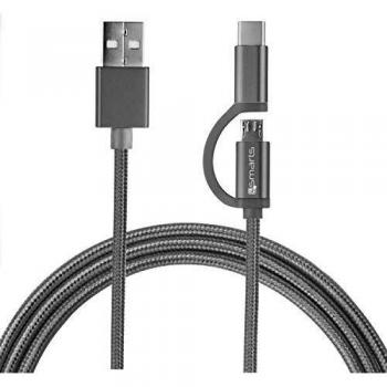 4smarts 468550 Cable de Datos USB-A a Micro USB/USB-C con Revestimiento de Tela, 2 m, Color Gris