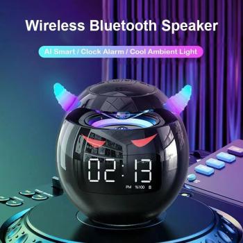 Altavoz Bluetooth Inteligente Pequeño Diablo 3D Estéreo con Subwoofer, Mini Reloj Digital Despertador LED Impermeable HIFI