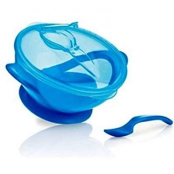 Nuby ID5419BLUE - Bol con ventosa, cuchara y tapa, color azul