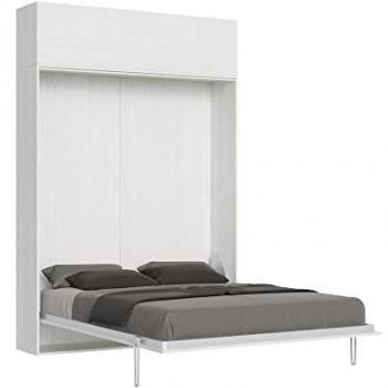 Cama abatible 160 vertical Kentaro con módulo a pared superior efecto madera fresno blanco y espejo de popa
