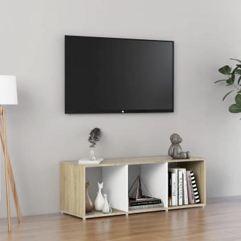 Mueble de TV de madera multicapa en color roble blanco y Sonoma, dimensiones 107x35x37 cm