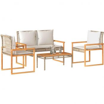 Set de muebles de jardín 4 piezas con cojines beige de polyrattan mezclado